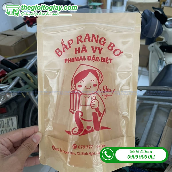 Túi zip kraft 1 mặt trong đựng bắp rang